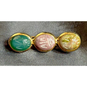Vintage 3 Scarab Brooch Pin Egyptian Revival Carved Stones Gold Tone 1.25"